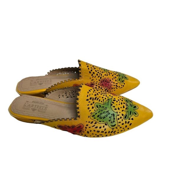 L'Artiste Spring Step Galatina-YM Hand-Painted Yellow Leather Mules Size 42 - Picture 1 of 8